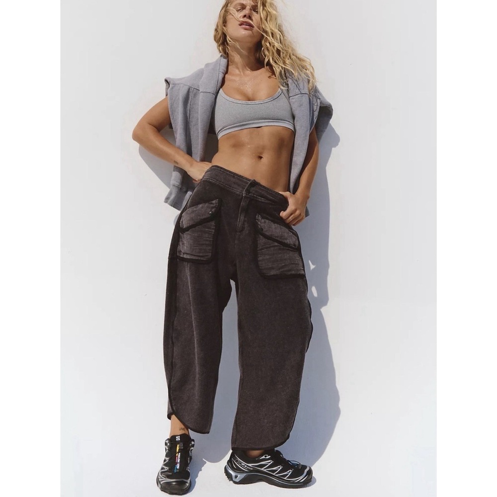 Free People M Timko Pants Washed Black Baggy Cargo Barrel Wide Leg Dance Grunge